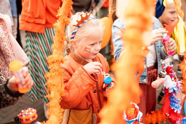 Crowd of people celebrating King's Day in orange clothes